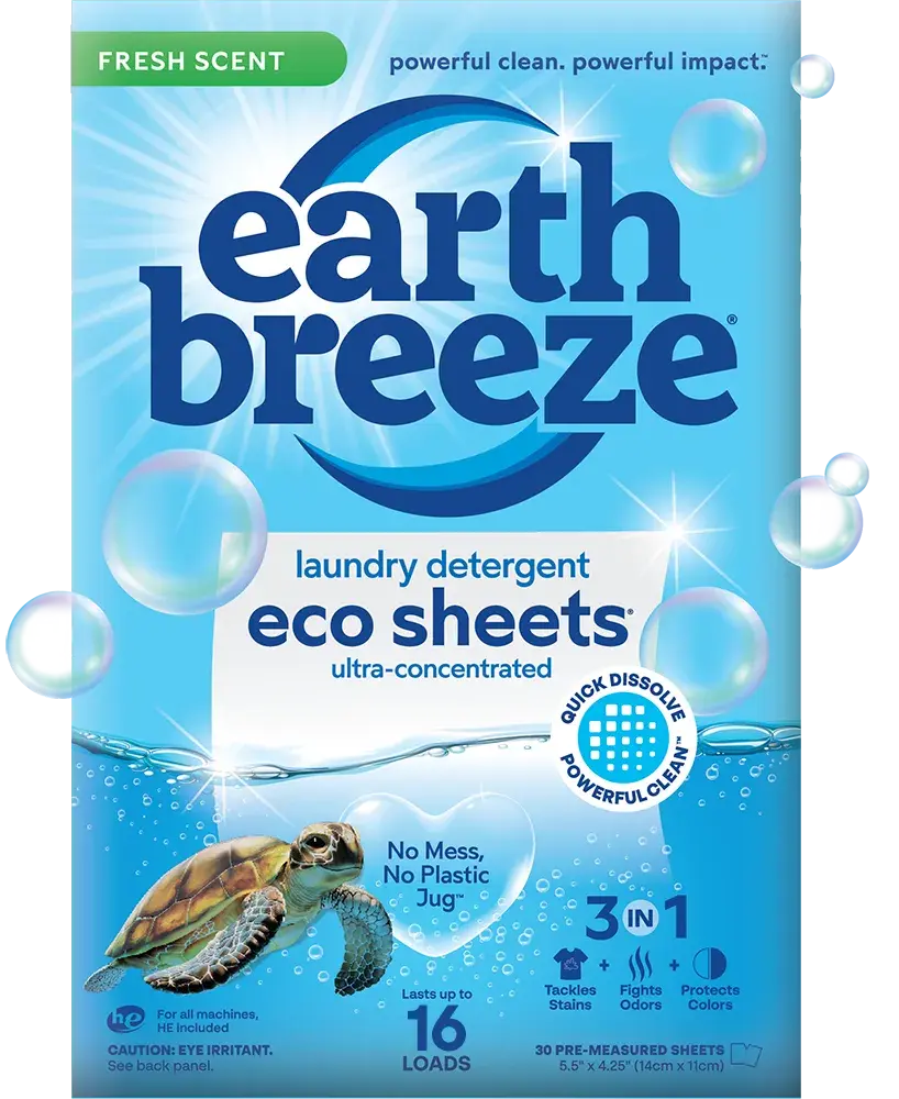 Packaging of Earth Breeze laundry detergent eco sheets with turtle and water bubbles.