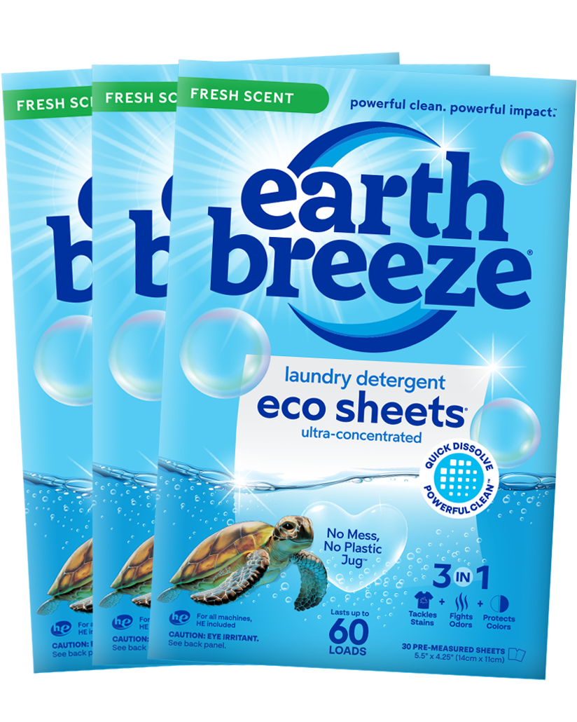 Packaging for Earth Breeze eco sheets laundry detergent, featuring a turtle and bubbles, promotes eco-friendly and mess-free cleaning.